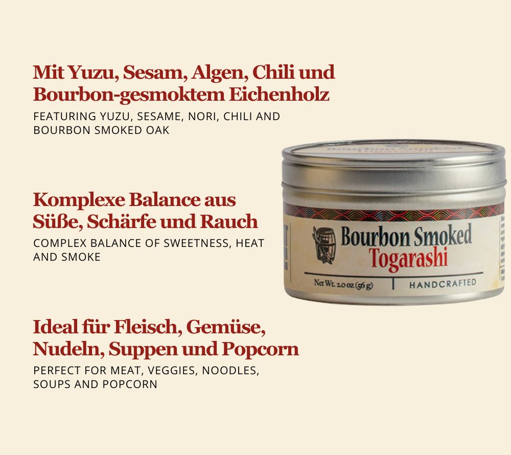 Bourbon Smoked Togarashi online kaufen bei Ryan’s Specialties – japanische Gewürzmischung mit Bourbonrauch, Yuzu & Chili für BBQ, Fleisch & Gemüse.