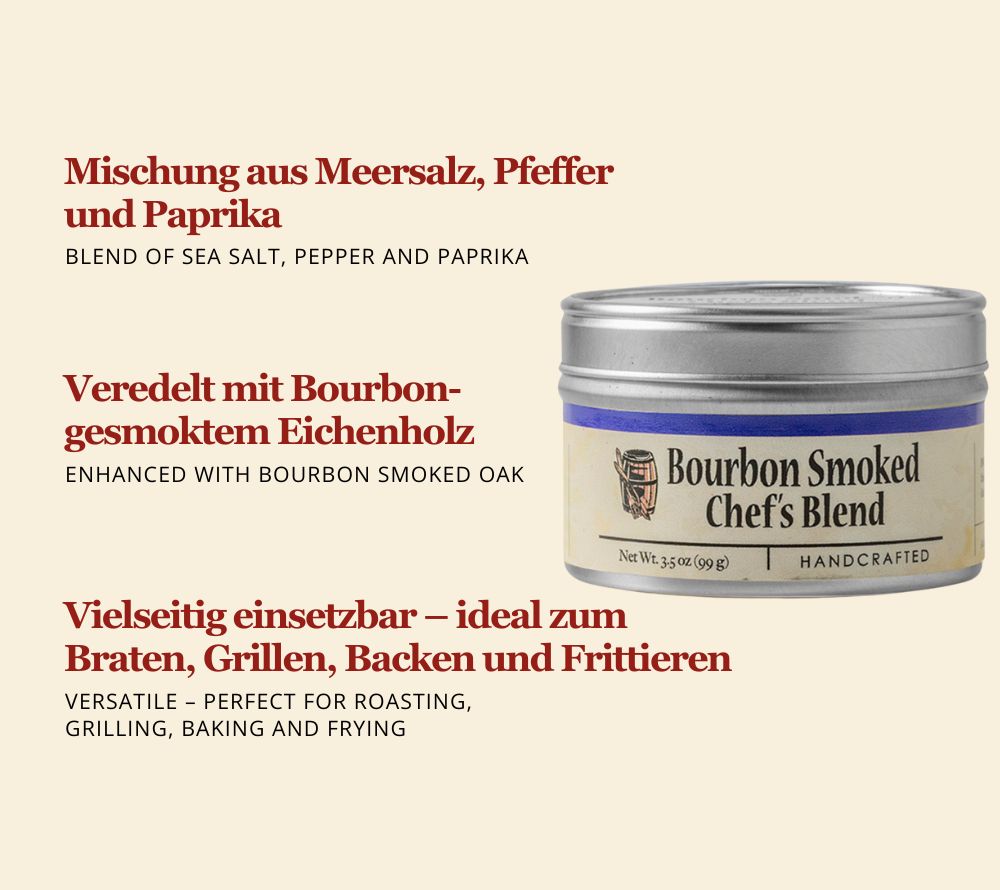 Bourbon Smoked Chef’s Blend online kaufen bei Ryan’s Specialties – rauchige Gewürzmischung aus Salz, Pfeffer & Paprika für Grill, Fleisch & Gemüse.