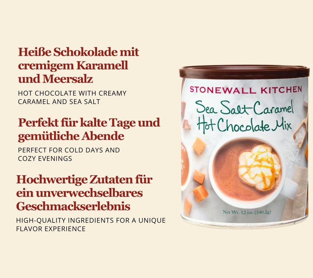 Stonewall Kitchen Sea Salt Caramel Hot Chocolate – cremige heiße Schokolade mit Karamell und einer Prise Meersalz, perfekt für gemütliche Winterabende und als Geschenkidee.
