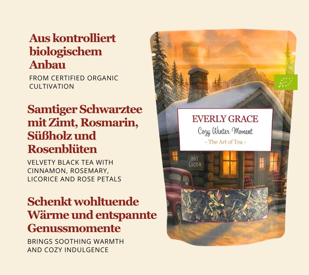 Everly Grace Cozy Winter Set – harmonische Kombination aus Bio-Wintertee und handgemachtem Winterpopcorn. Aromatisch, hochwertig & ideal für gemütliche Stunden