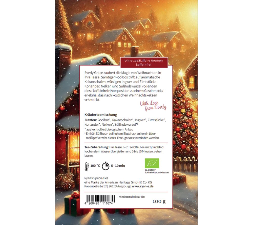 Everly Grace Christmas Cookies Tea – Bio-Rooibos mit Zimt, Ingwer & Kakaoschalen. Jetzt online kaufen & festliche Wintergenüsse genießen.
