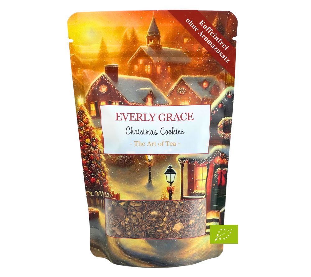 Everly Grace Christmas Cookies Tea – Bio-Rooibos mit Zimt, Ingwer & Kakaoschalen. Jetzt online kaufen & festliche Wintergenüsse genießen.
