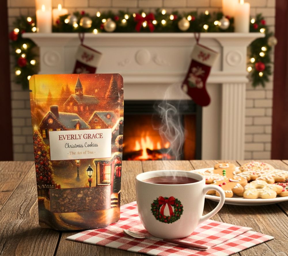 Everly Grace Christmas Cookies Tea – Bio-Rooibos mit Zimt, Ingwer & Kakaoschalen. Jetzt online kaufen & festliche Wintergenüsse genießen.
