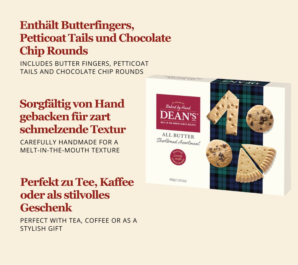 Dean’s Shortbread Assortment online kaufen – handgefertigtes, zart schmelzendes Gebäck in drei klassischen Sorten. Perfekt zum Tee, Kaffee oder als Geschenk.