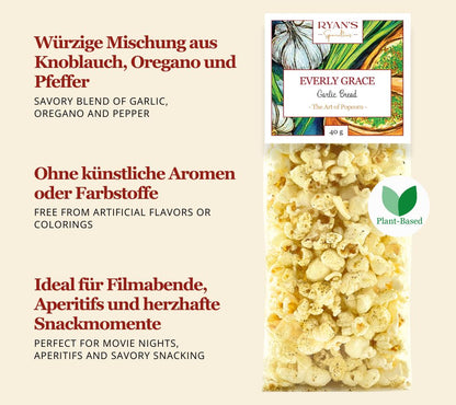 Everly Grace Garlic Bread Popcorn (40 g) – würziges, handgefertigtes Popcorn mit Knoblauch, Oregano und Pfeffer. Ideal für herzhafte Snackmomente.