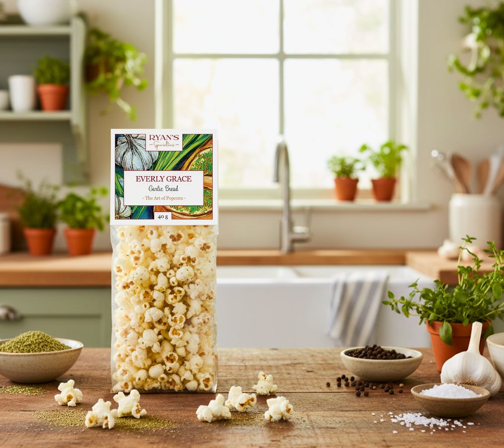 Everly Grace Garlic Bread Popcorn (40 g) – würziges, handgefertigtes Popcorn mit Knoblauch, Oregano und Pfeffer. Ideal für herzhafte Snackmomente.