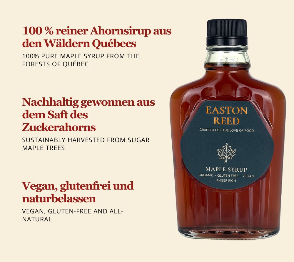 Premium Maple Syrup aus Québec: Amber Rich, natürlich süß, aromatisch und nachhaltig gewonnen. Perfekt für Frühstück, Backen, Drinks und herzhafte Gerichte.