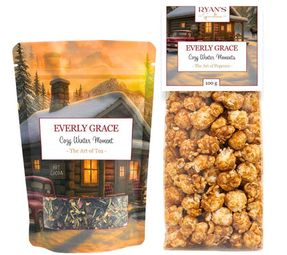 Everly Grace Cozy Winter Set – harmonische Kombination aus Bio-Wintertee und handgemachtem Winterpopcorn. Aromatisch, hochwertig & ideal für gemütliche Stunden