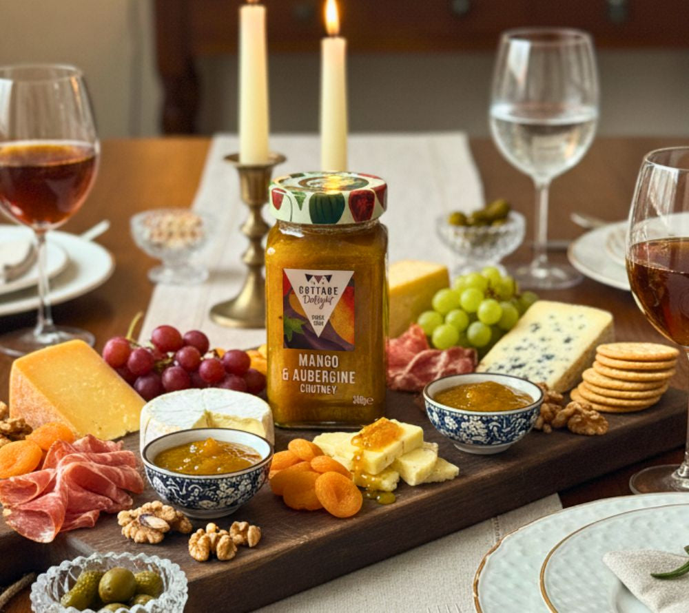 Mango & Aubergine Chutney von Cottage Delight: fruchtig-würzig, glutenfrei & vegetarisch. Ideal zu Käse, Paninis oder Reis. Great Taste Award 2024.