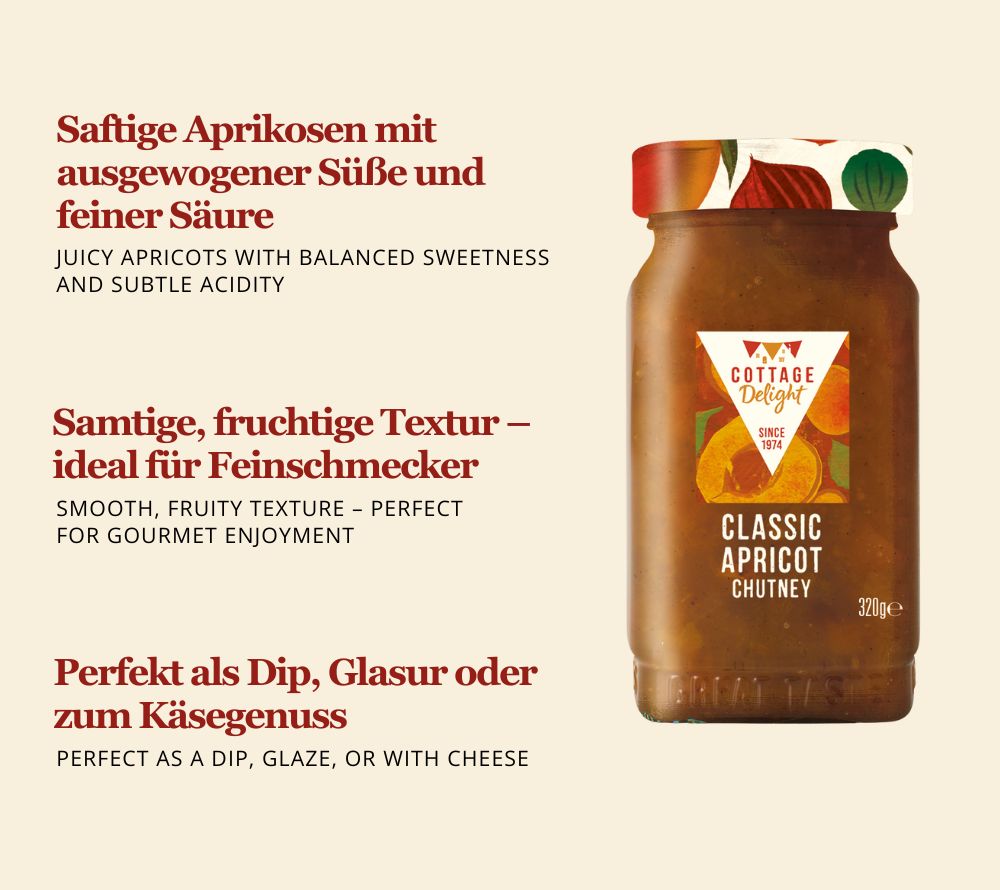 Classic Apricot Chutney von Cottage Delight: fruchtig-süß, glutenfrei & vegetarisch. Perfekt als Dip, Glasur oder zum Käsegenuss.