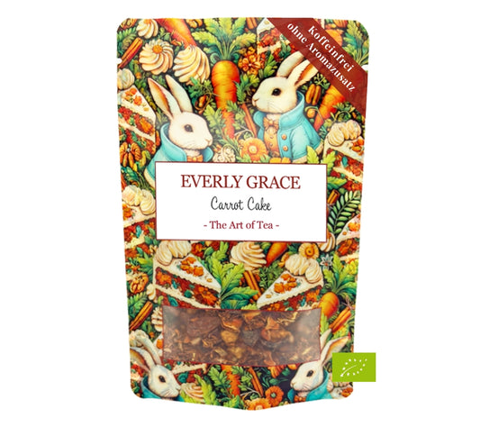 Everly Grace Carrot Cake Tea – Bio-Rooibos mit Karotte, Apfel & Gewürzen. Samtig-warm für frühlingshafte Genussmomente voller Leichtigkeit.