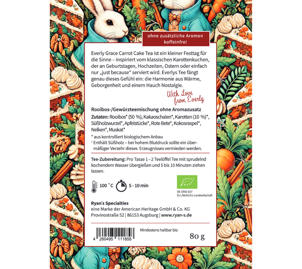 Everly Grace Carrot Cake Tea – Bio-Rooibos mit Karotte, Apfel & Gewürzen. Samtig-warm für frühlingshafte Genussmomente voller Leichtigkeit.