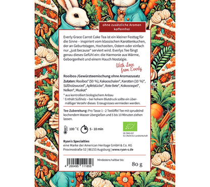Everly Grace Carrot Cake Tea – Bio-Rooibos mit Karotte, Apfel & Gewürzen. Samtig-warm für frühlingshafte Genussmomente voller Leichtigkeit.