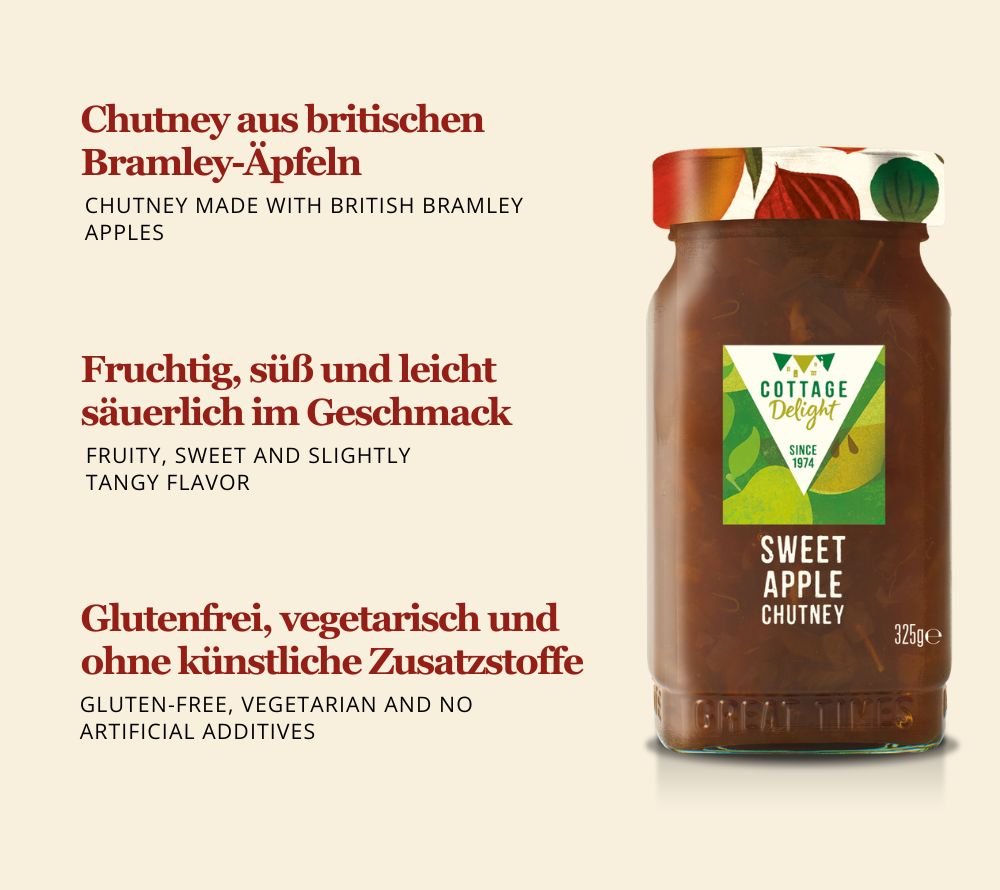 Glas Sweet Apple Chutney von Cottage Delight mit Bramley-Äpfeln und feiner Gewürznote, ideal zu Käse, Schweinefleisch und herzhaften Speisen.