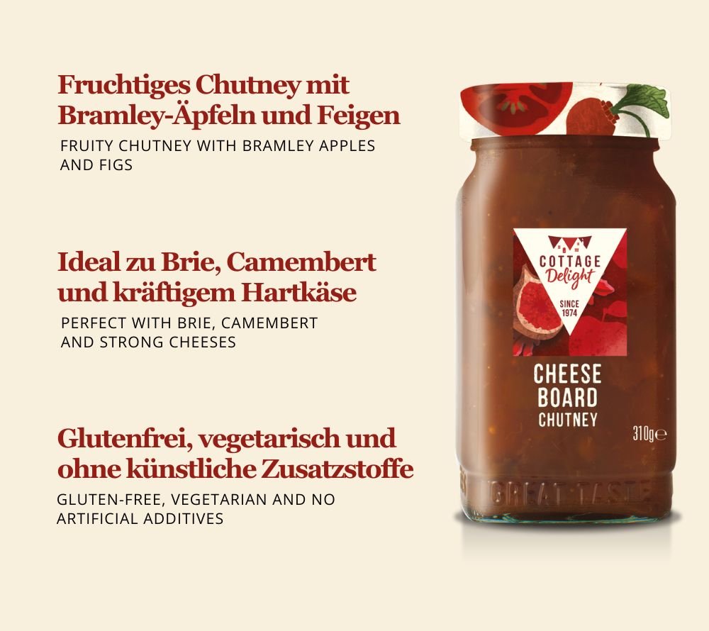 Glas Cheese Board Chutney von Cottage Delight mit Bramley-Äpfeln und Feigen, ideal als fruchtige Ergänzung zu Käseplatten, Pasteten und Fleischgerichten.