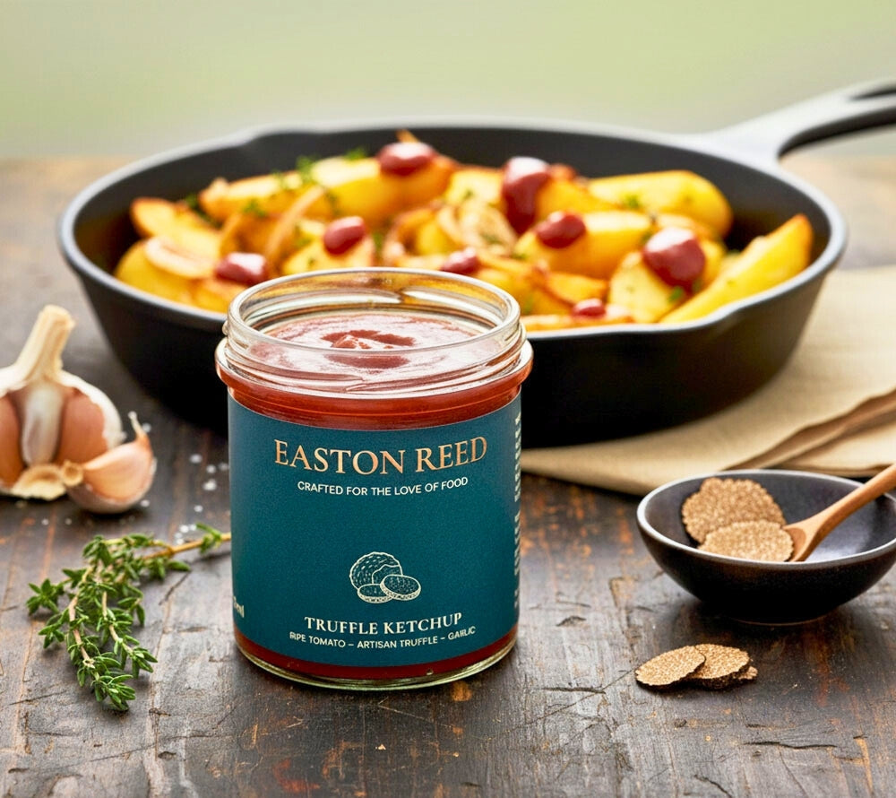 Vollmundiger Ketchup mit Tomaten & Trüffel. Mild, luxuriös & vielseitig – ideal für Pommes, Burger oder Steak.