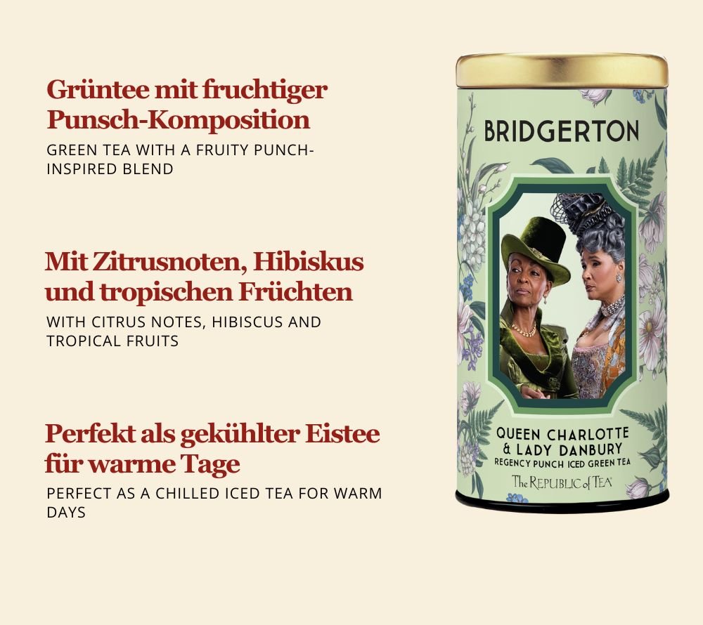 Bridgerton Regency Punch Iced Green Tea kaufen – fruchtiger Grüntee mit Zitrus & Hibiskus. Perfekt als Eistee. Jetzt online bestellen bei Ryan's Specialties.