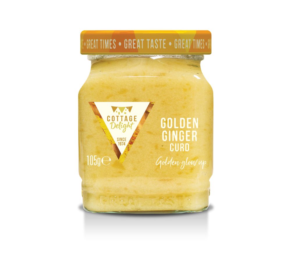 Glas Golden Ginger Curd von Cottage Delight mit cremiger Konsistenz und feiner Ingwernote, ideal als Aufstrich für Scones, Toast und Desserts.