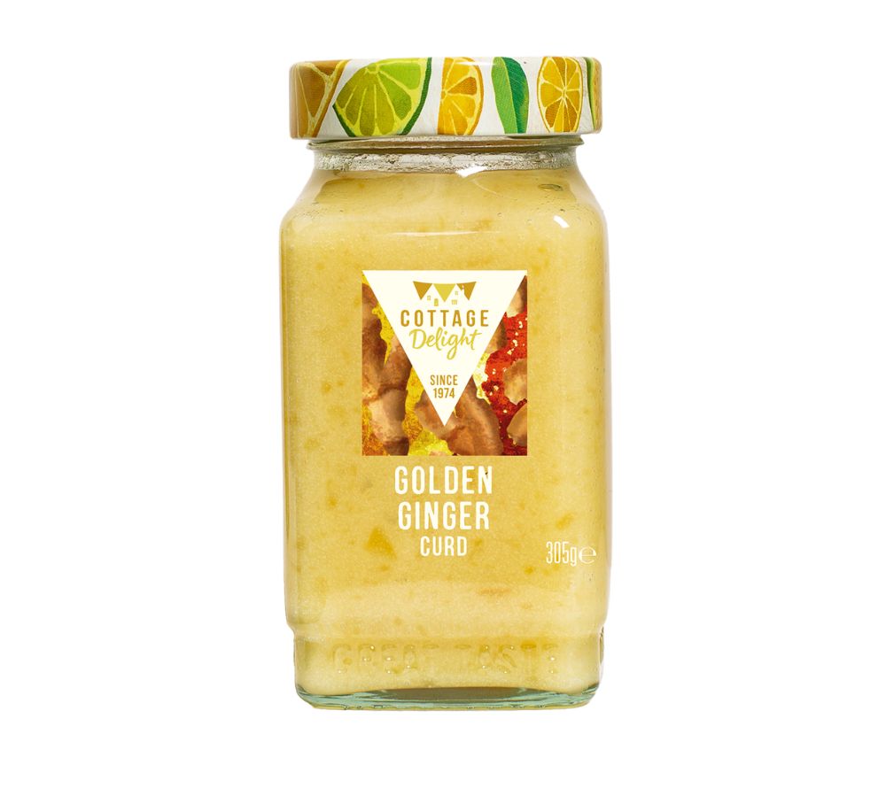 Glas Golden Ginger Curd von Cottage Delight mit cremiger Konsistenz und feiner Ingwernote, ideal als Aufstrich für Scones, Toast und Desserts.