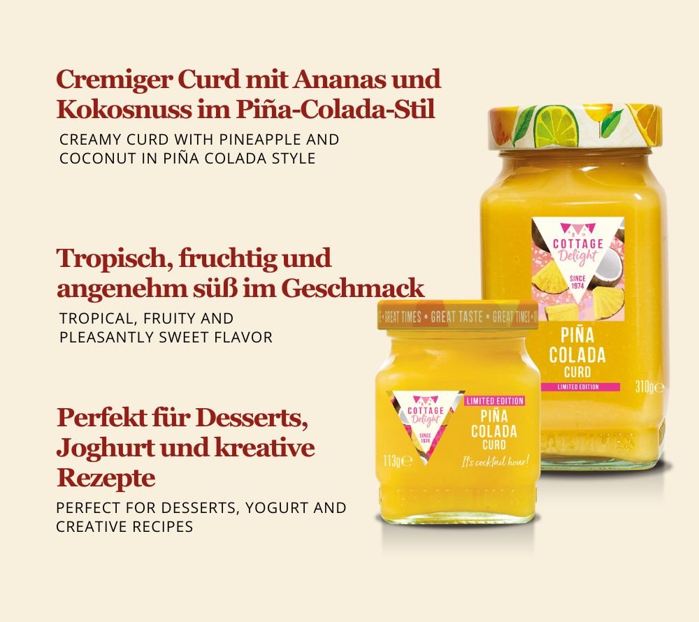 Glas Piña Colada Curd von Cottage Delight mit cremigem Ananas-Kokos-Aufstrich, ideal als fruchtiger Brotaufstrich oder für Desserts und Backrezepte.