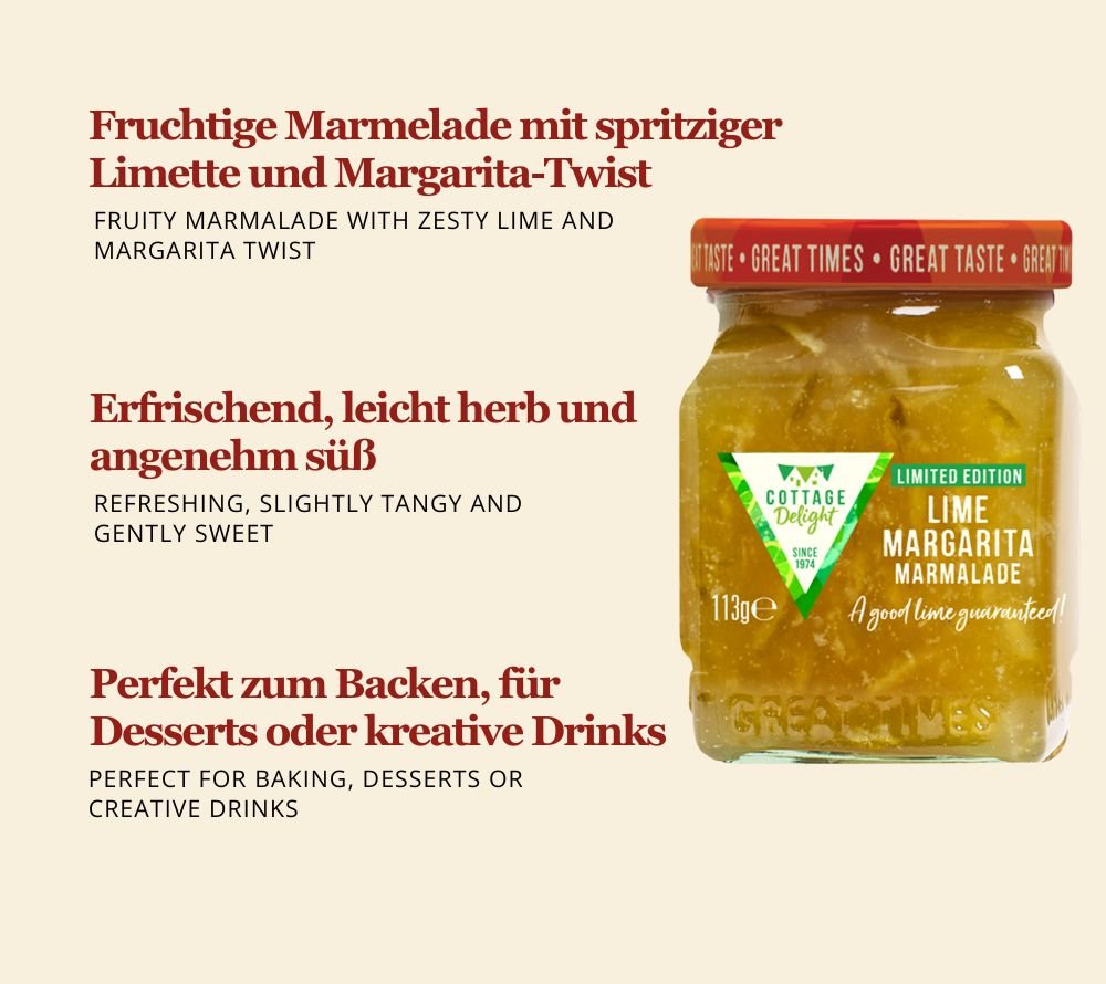 Glas Lime Margarita Marmelade von Cottage Delight mit frischer Limettennote, ideal für Brot, Croissants, Desserts und sommerliche Rezepte.