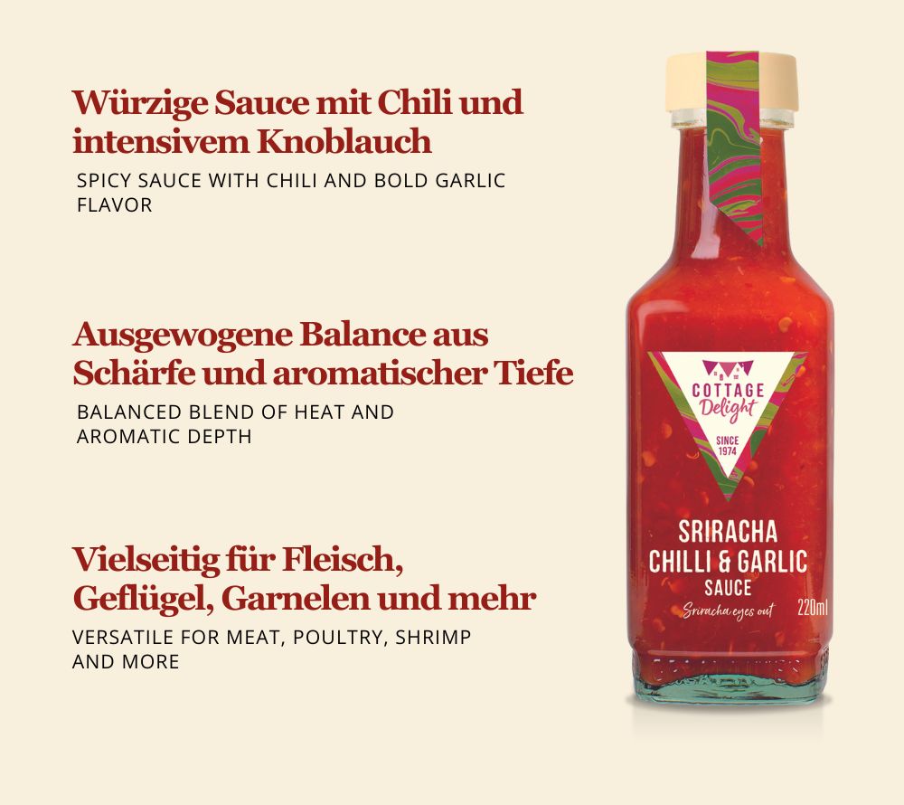 Flasche Sriracha Chilli & Garlic Sauce von Cottage Delight mit mittlerer Schärfe, ideal für Burger, Dips, Marinaden und würzige Gerichte.