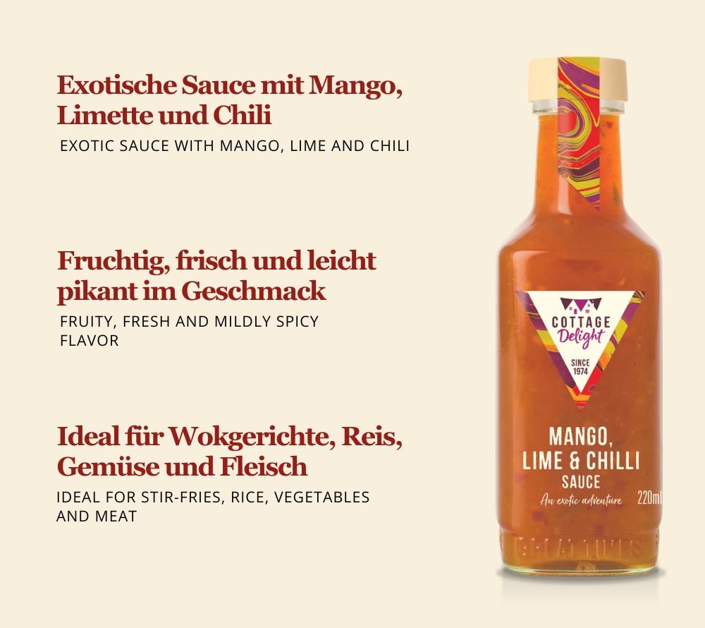 Flasche Mango, Lime & Chilli Sauce von Cottage Delight mit fruchtiger Mango, Limette und milder Schärfe, ideal für Wokgerichte, Dips und Marinaden.