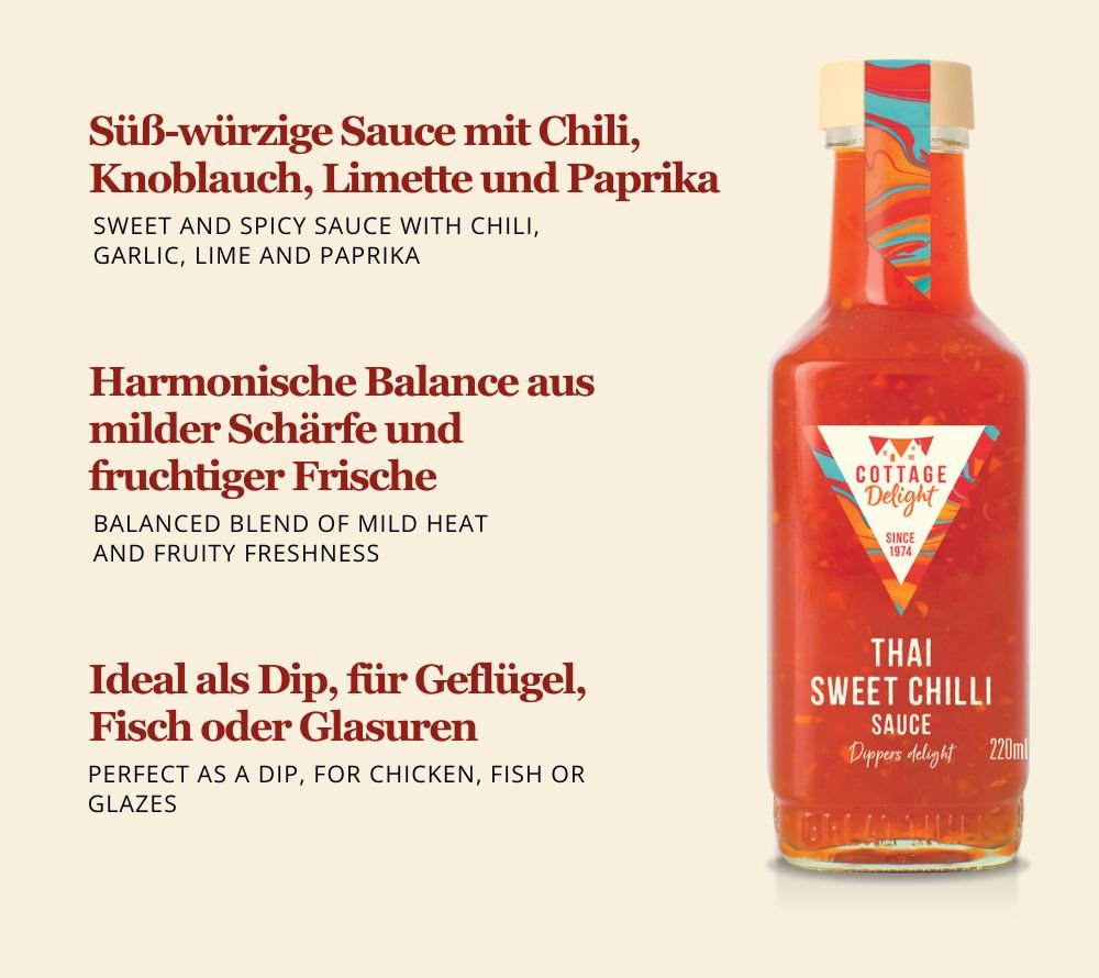 Flasche Thai Sweet Chilli Sauce von Cottage Delight mit süß-würzigem Geschmack aus Chili, Knoblauch und Limette, ideal für Dips, Bowls und asiatische Gerichte