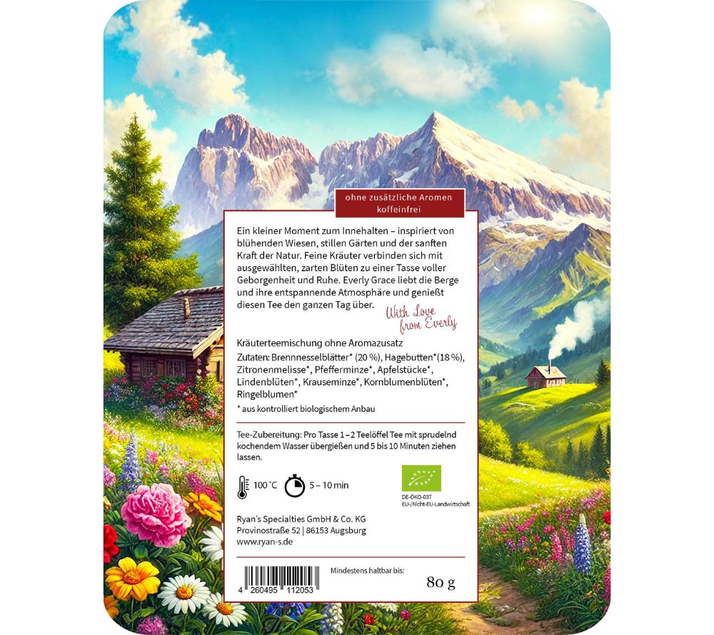 Blessing from the Mountain Tea von Everly Grace jetzt bei Ryan's Specialties kaufen – Bio-Kräutertee, koffeinfrei, mild & floral für entspannte Genussmomente.