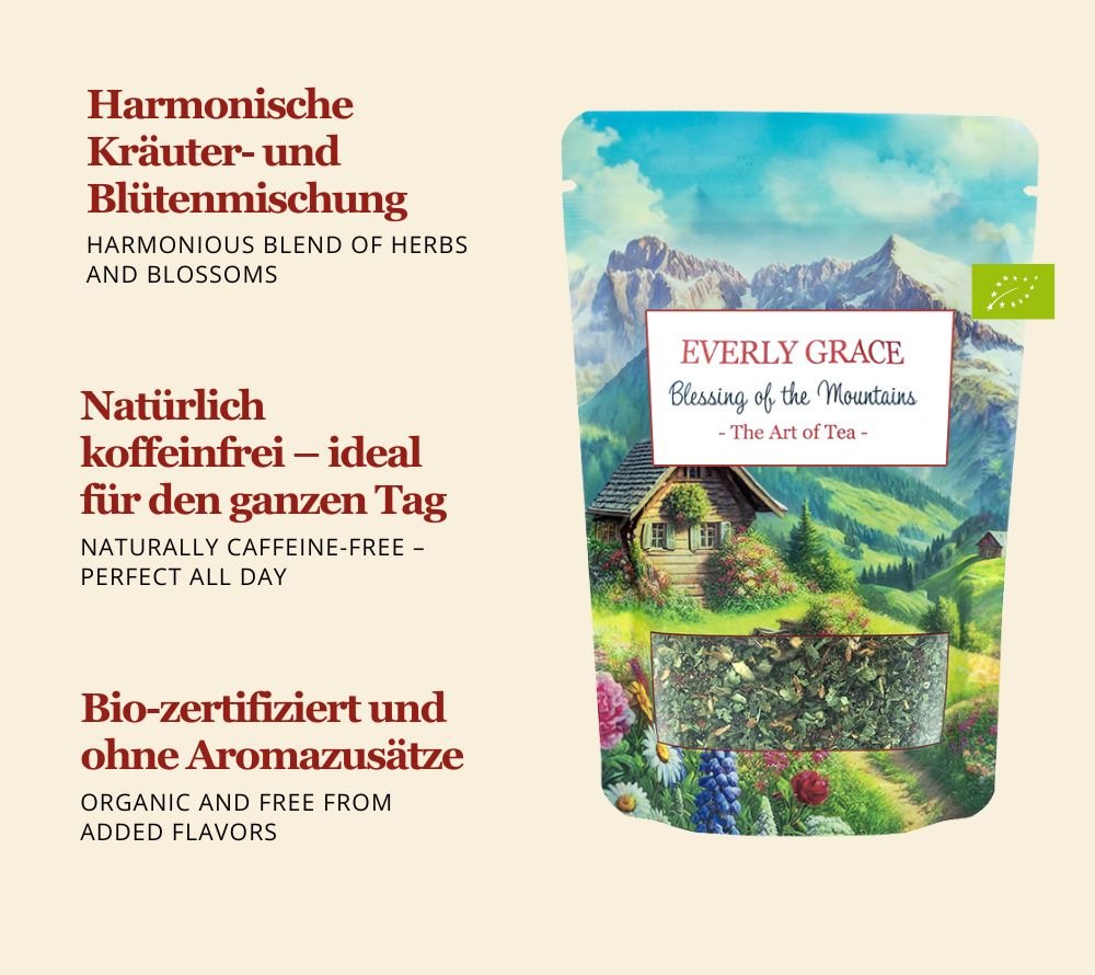 Blessing from the Mountain Tea von Everly Grace jetzt bei Ryan's Specialties kaufen – Bio-Kräutertee, koffeinfrei, mild & floral für entspannte Genussmomente.