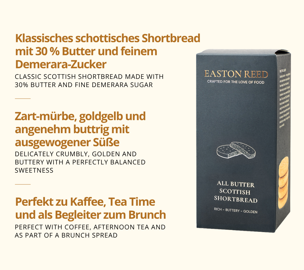 Schottisches Shortbread mit 30% Butter und feinem Demerara-Zucker - zu Kaffee, Tee und mehr