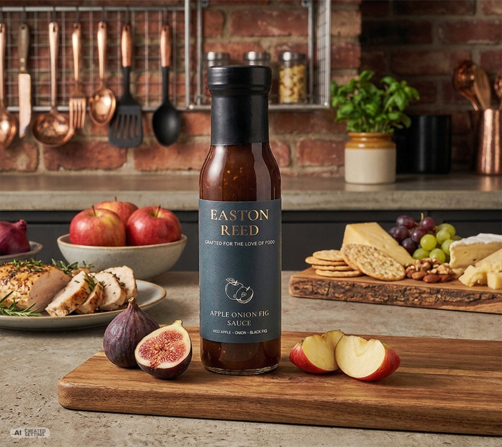 Easton Reed Apple Onion Fig Sauce mit Feigen, Äpfeln, Käse und gegrilltem Hähnchen in der Küche
