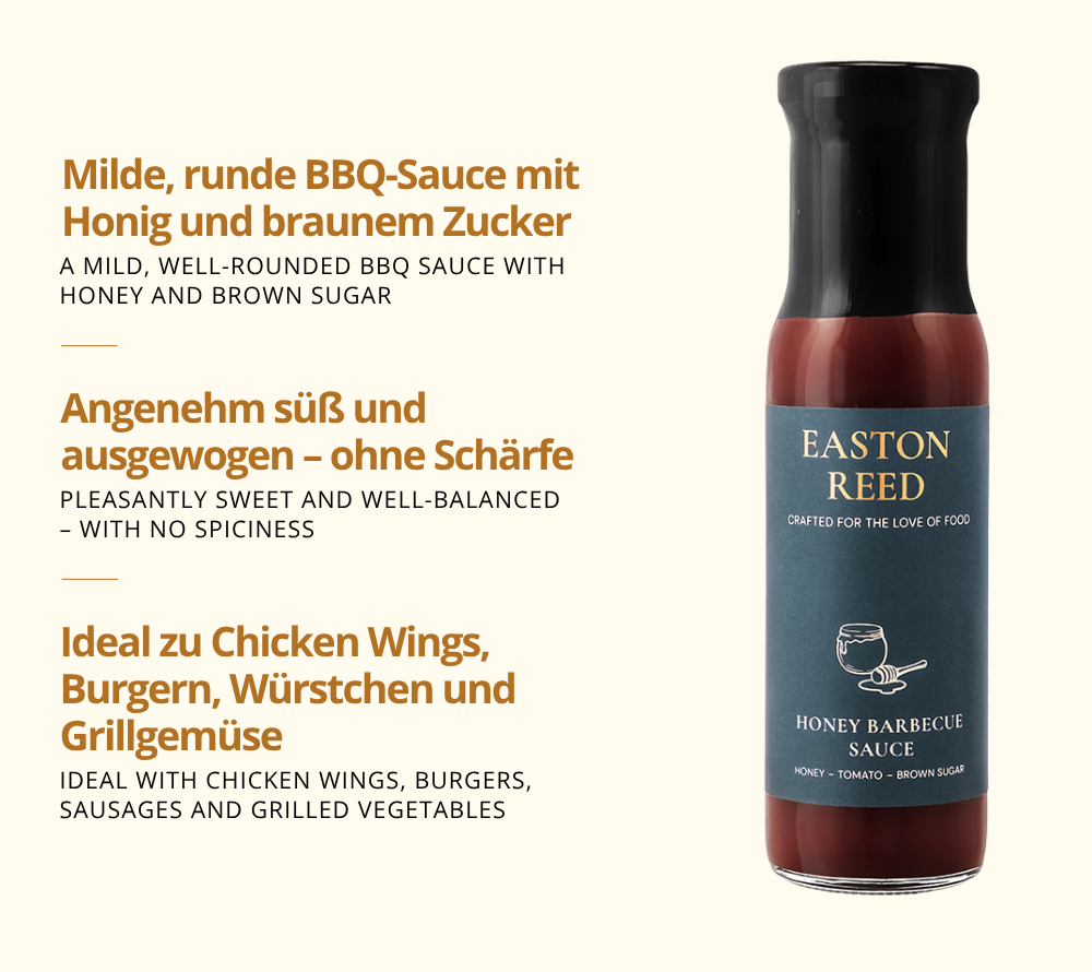 Milde, runde BBQ-Sauce mit Honig und braunem Zucker - zu Chicken Wings, Würstchen und mehr