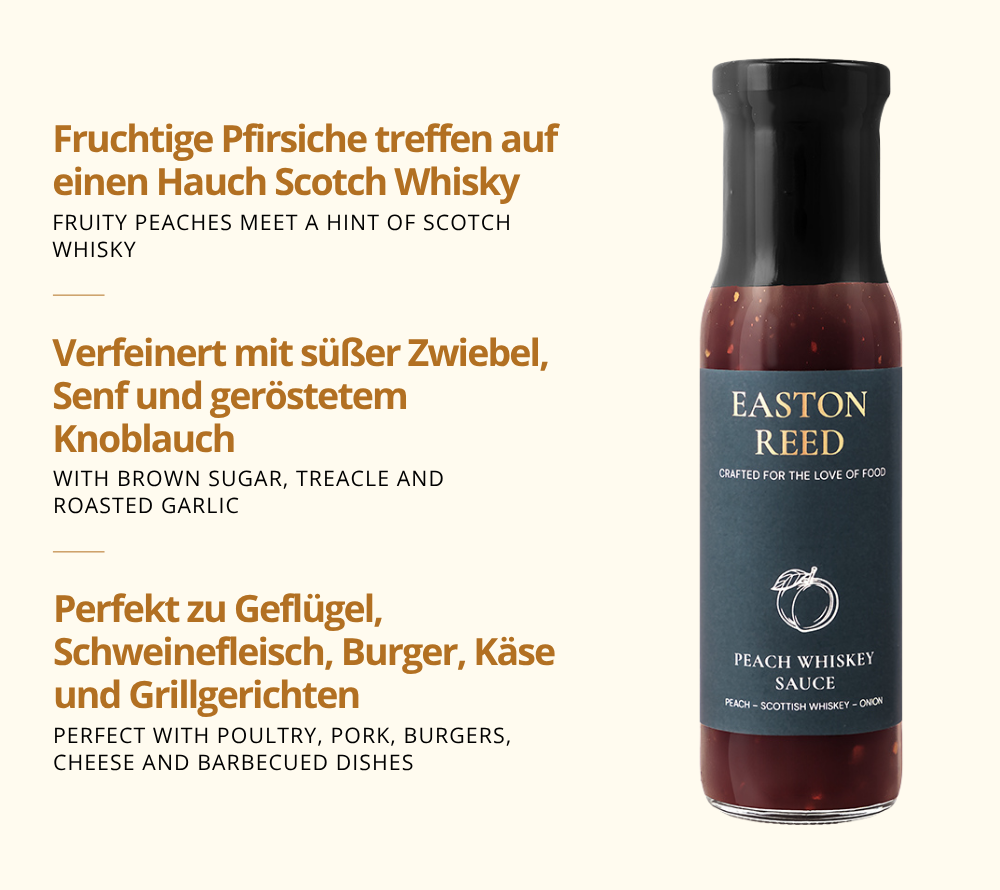 Fruchtige Pfirsich-Whiskey-Sauce verfeinert mit Zwiebel, Senf und Knoblauch - zu Geflügel, Burgern und mehr