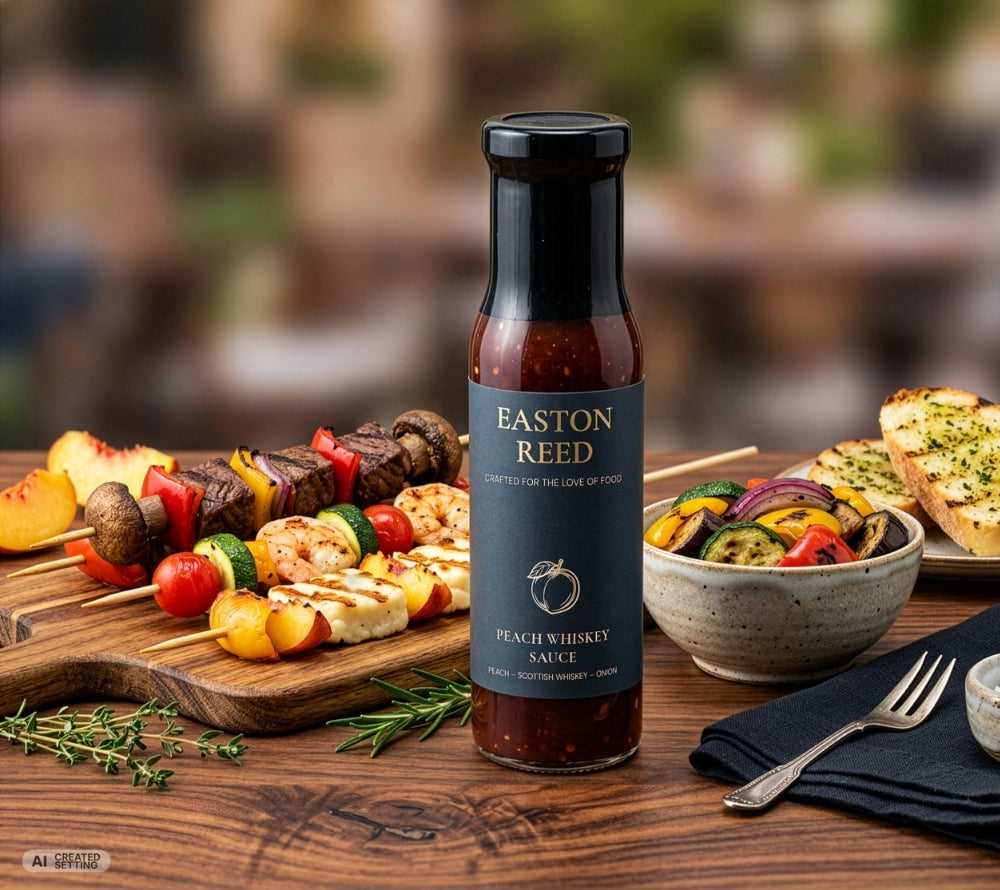 Easton Reed Peach Whiskey Sauce mit Grillspießen, Halloumi und gegrilltem Gemüse auf dem BBQ-Tisch