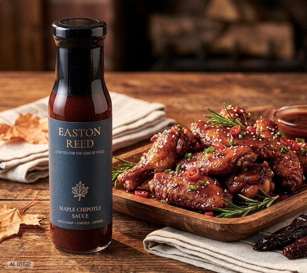 Easton Reed Maple Chipotle Sauce Flasche neben glasierten Chicken Wings mit Sesam, Chili und Rosmarin auf einem Holzbrett