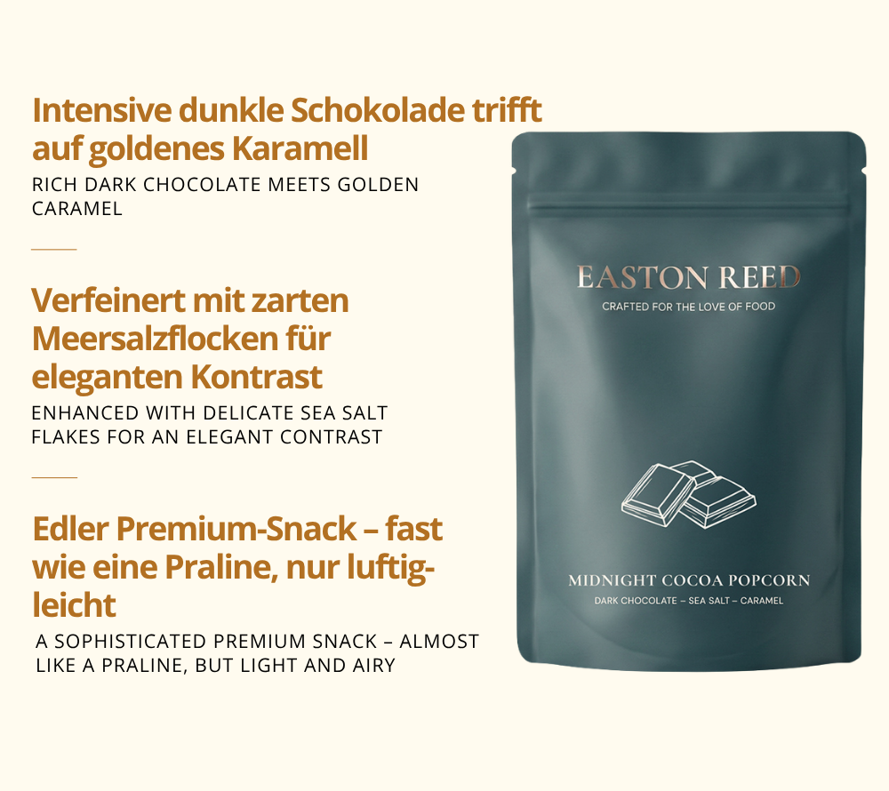 Midnight Cocoa Gourmet Popcorn als Freistellerbild mit jeweils 3 Fakten auf deutsch und auf englisch