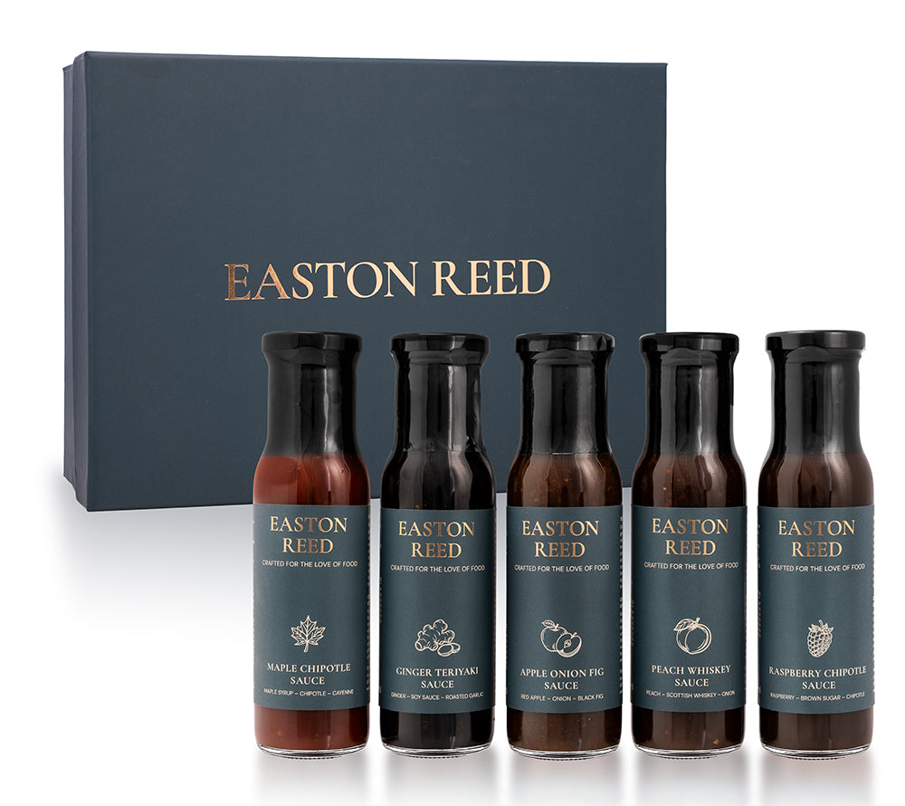 Easton Reed Feinkost-Saucen Geschenkset mit 5 Saucen à 260 ml in hochwertiger Geschenkbox. Vielseitig zu Fleisch, Käse, Gemüse, Burgern und mehr.