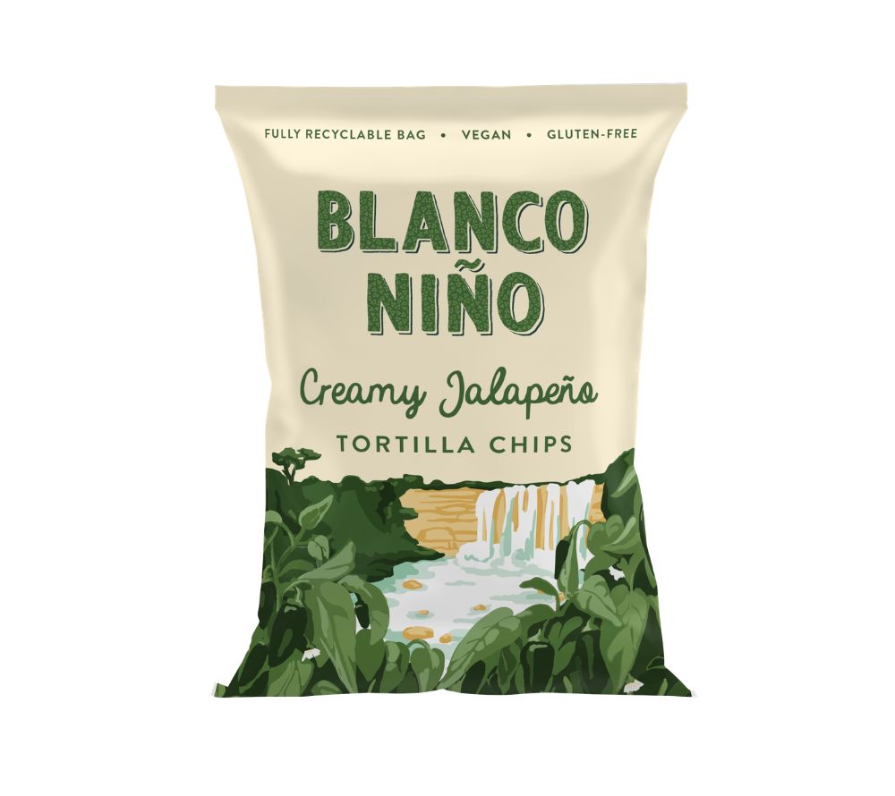 Blanco Niño Creamy Jalapeño Tortilla Chips in Tüte, goldgelbe Chips mit Jalapeño-Würzung, authentischer mexikanischer Style, ideal zum Snacken und Dippen.