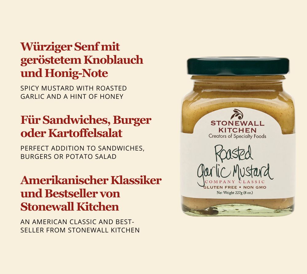 Roasted Garlic Mustard von Stonewall Kitchen kaufen | Klassiker | würziger Senf mit Honignote | Perfekt zu Sandwiches, zum Grillen und Marinieren