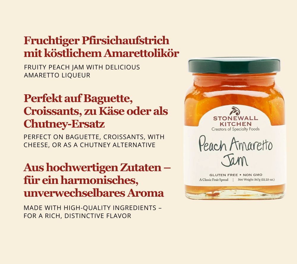 Peach Amaretto Jam von Stonewall Kitchen kaufen | Jam mit einer Komination aus Pfirsich und Amaretto | Perfekt fürs Frühstück oder zu Käse