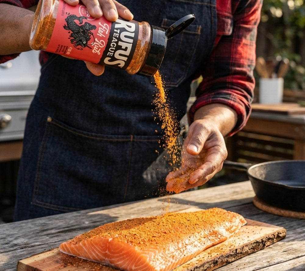 Fish Rub von Rufus Tegaue im Einsatz bei dem bestreuen eines Lachses