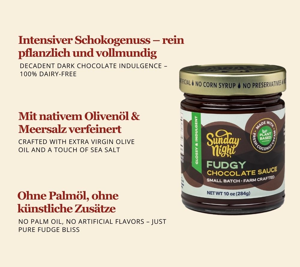 Schokoladensauce aus feinster dunkler Schokolade | 100 % vegan & frei von Milchprodukten | Ohne Palmöl, künstliche Aromen & Zusatzstoffe | Jetzt probieren!