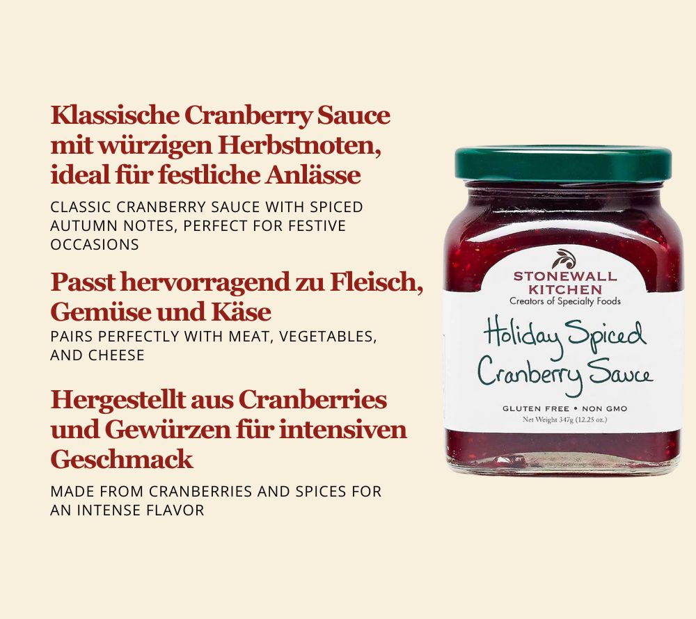 Holiday Spiced Cranberry Sauce von Stonewall Kitchen kaufen | Klassische Festtagssauce mit Cranberries | Perfekt zu Fleisch, Gemüse und Käse 