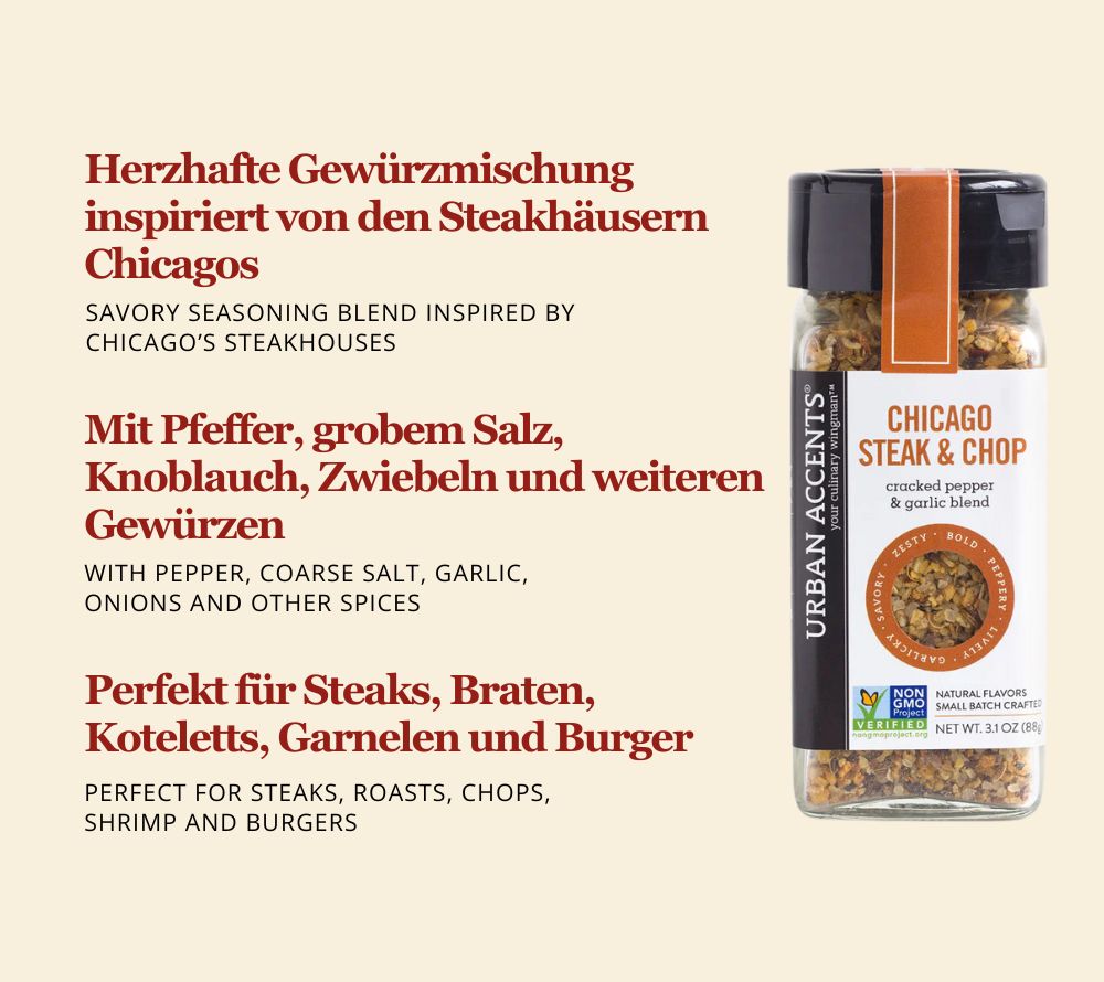 Chicago Steak & Chop Gewürz von Urban Accents kaufen | Gewürzmischung aus Pfeffer Salz, Knoblauch, Zwiebel | Perfekt für Steak, Garnelen, Burger 