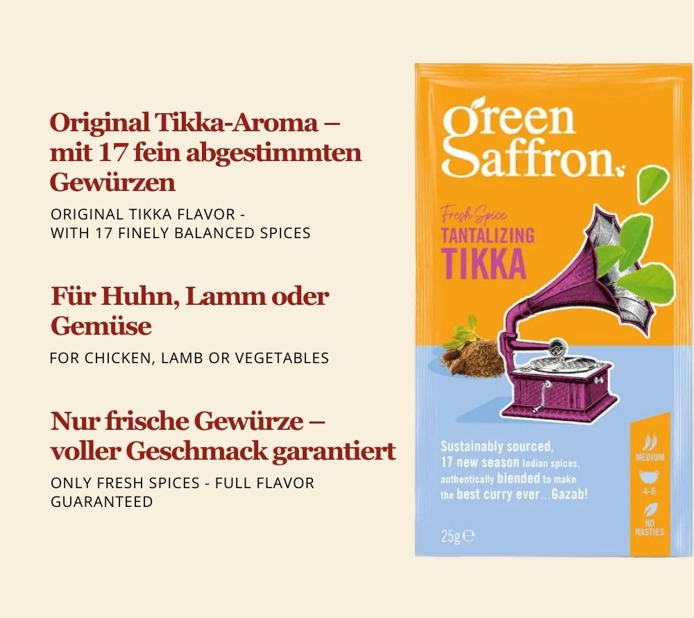 Green Saffron Tikka-Gewürzmischung kaufen | aus 15 feinen indischen Gewürzen | aus nachhaltigem Anbau | Europaweiter Versand | Jetzt probieren!
