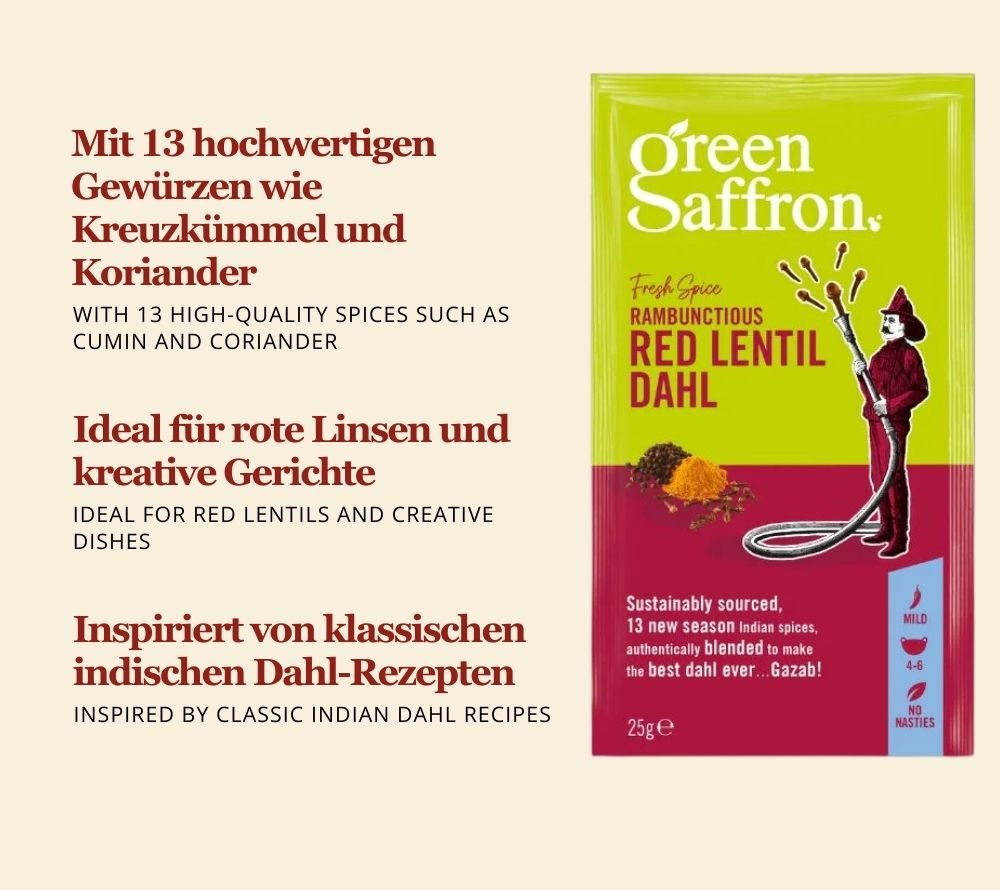 Green Saffron Red Lentil Dahl Gewürz kaufen | aus 13 aromatischen Gewürzen | indische Rezeptur | aus nachhaltigem Anbau | Europaweiter Versand | Jetzt probieren!