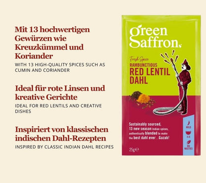 Green Saffron Red Lentil Dahl Gewürz kaufen | aus 13 aromatischen Gewürzen | indische Rezeptur | aus nachhaltigem Anbau | Europaweiter Versand | Jetzt probieren!