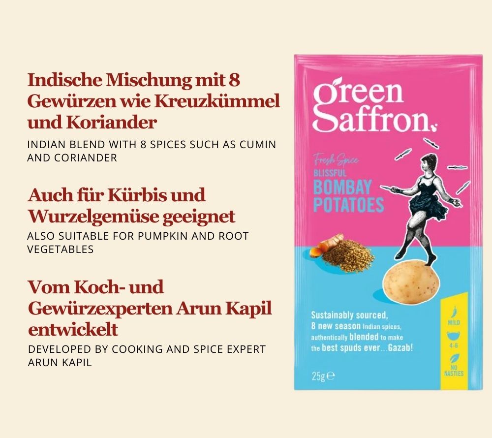 Green Saffron Bombay Potatoes Gewürz kaufen | aus 8 aromatischen Gewürzen | indische Rezeptur | aus nachhaltigem Anbau | Europaweiter Versand | Jetzt probieren!