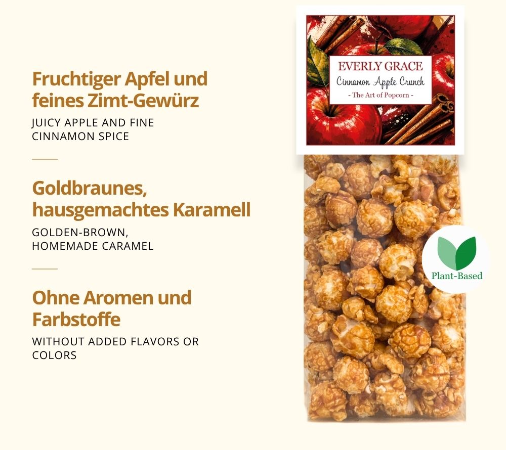Cinnamon Apple Crunch Popcorn mit feinem Zimt-Gewürz und fruchtigem Apfel - ohne Aromen und Farbstoffe